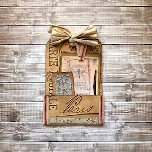 Carte Postale Paris Junk Journal Tag Gift Card Holder, Olde Time Photo of Vintage French Grain Sack Stocking, Christmas Hang Tag Ornament