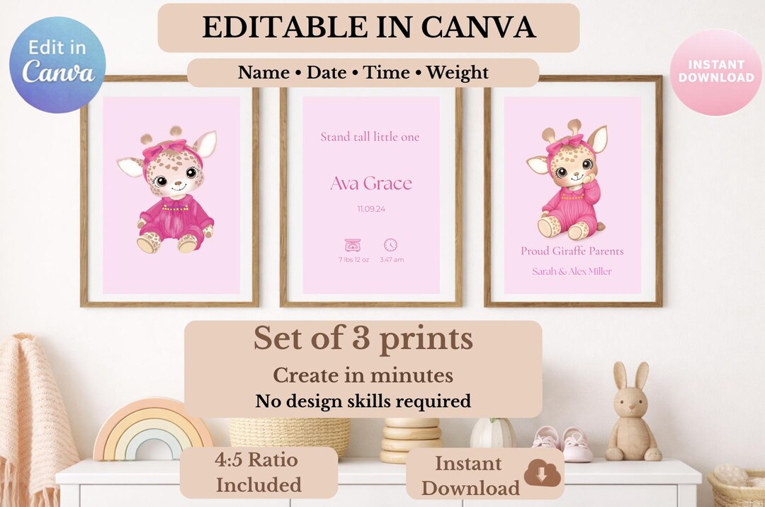 Personalized Giraffe Birth Print Set, Baby Girl Nursery Art - Etsy