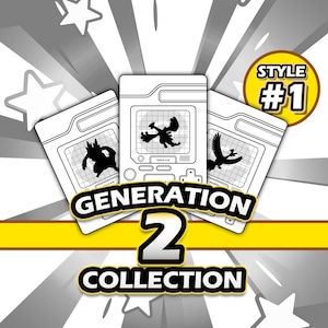 May include: Three white cards with black silhouettes of creatures, set against a gray and white background with star accents. The cards are labeled "Generation 2 Collection" and "Style #1". The cards have a grid pattern and the word "HOLD U.R."