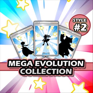 Peut inclure: Trois cartes à collectionner avec des silhouettes noires de personnages sur un fond bleu et blanc en forme d'éclat d'étoile. Les cartes sont étiquetées "NORMAL", "HOLO" et "REVERSE HOLO". Le texte "MEGA EVOLUTION COLLECTION" est affiché en dessous.