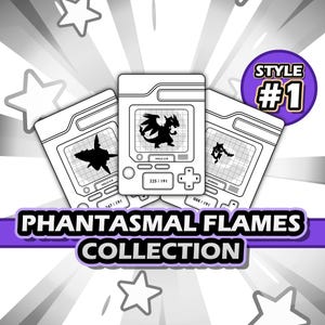 Könnte beinhalten: Schwarz-Weiß-Illustration von drei Sammelkarten mit einem Retro-Handheld-Spieldesign. Jede Karte zeigt eine andere Silhouette einer Kreatur. Der Text "PHANTASMAL FLAMES COLLECTION" wird darunter angezeigt.