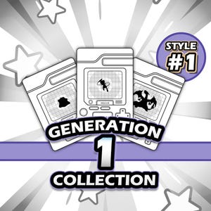 Puede incluir: Tres tarjetas blancas de la colección Generación 1 con ilustraciones y texto en negro. Cada tarjeta presenta un gráfico diferente en una pantalla. Las tarjetas están sobre un fondo con estrellas y el texto "Style #1".