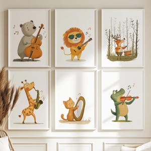 Juego de 11 pósteres de animales músicos para habitación de bebé, impresiones artísticas de pared para decorar la habitación de un bebé. Animales adorables tocando instrumentos musicales.