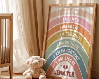 Personalisierte Regenbogen Affirmationen Wandkunst, positive Kinderzimmer Poster Geschenkidee, Motivation Kinder Druck, inspirierende Kinderzimmer Wanddekoration