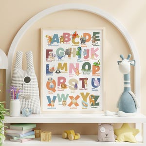 May include: A framed alphabet poster with colorful letters and animal illustrations. A stuffed bunny, a giraffe, and other decorative items are on a white shelf. The background is a light beige color.