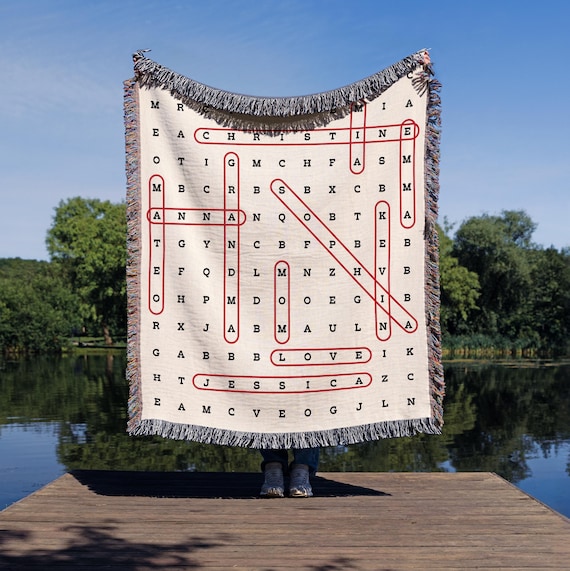 Custom Cozy Woven Blanket Christmas, Personalized Crossword Puzzle Blanket, Personalized Valentine Throw Blanket Gift, Family Name Blanket