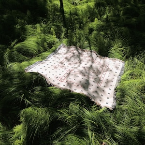 May include: A white woven blanket with a word search pattern printed on it. The blanket is laid out on a bed of green grass.