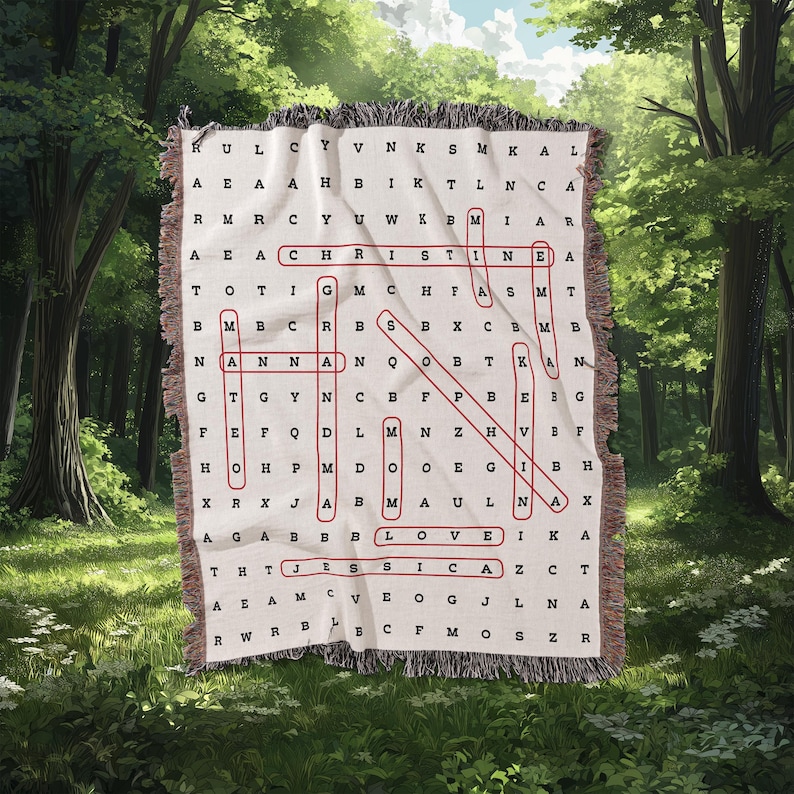 May include: A woven tapestry featuring a red and white word search puzzle. The puzzle includes the words "CHRIST", "LOVE", and "JESUS". The tapestry is displayed against a backdrop of a woodland scene.