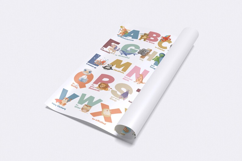 May include: Rolled-up educational poster featuring the alphabet with colorful letters and animal illustrations. The poster has a white background and is partially unrolled, revealing the letters A through X. The illustrations include a variety of animals.