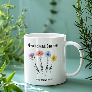 Personalized Nana’s Garden of Love Mug with Birth Month Flowers, Grandkids&#39; Names, Custom Grandma&#39;s Gift, Grandma Mug Custom Gift For Name