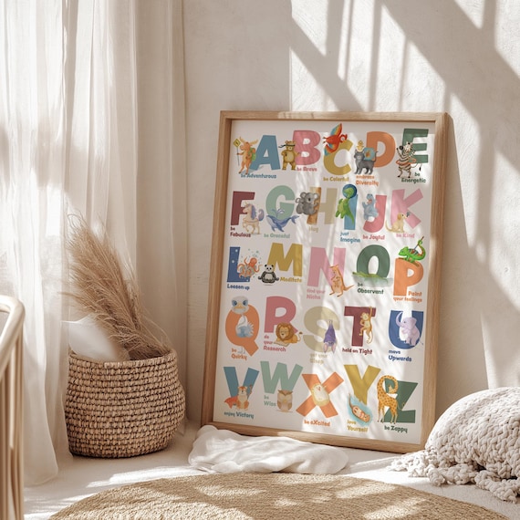 Children's Educational Poster A to Z, ABC Animal Alphabet Wall Art, Nursery Decor, Kids Learning Print, Baby Shower Gift, Emotional Learning