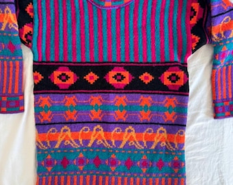 Vintage 1980s Scottish Pure New Wool Jumper | Glenugie Knitwear | Bright Fair Isle Pattern | Made in Scotland | Size 38
