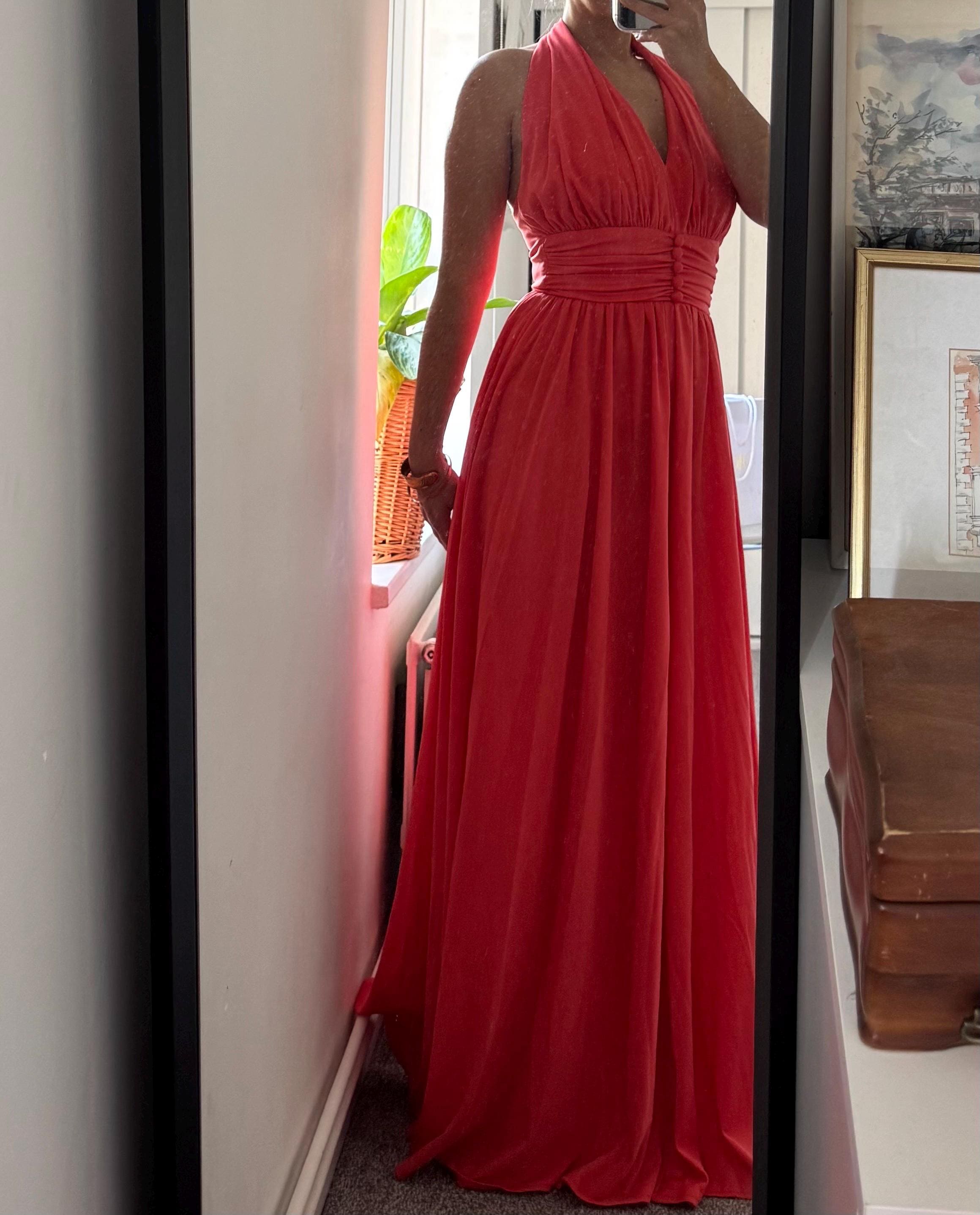 how to tape large breasts for backless dress Coral Cascade Sheer Draped Pink Maxi Dress