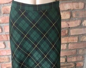 Vintage 1970s Maxi Skirt, Green Black & Gold Tartan Plaid, ACT III, Small