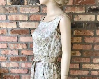 Vintage 1950s 60s Cocktail Dress, Gold Brocade & Pink Roses, Claude Riviere, Small, 27" Waist, Size 6
