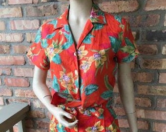 Conjunto de 2 piezas de top y shorts de lino vintage de Ralph Lauren, estampado floral tropical, talla pequeña 8, años 80 y 90