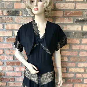 Vintage 1950s Black Lace Evening Dress with Bolero Jacket, Small, Party Dress, 29" Waist