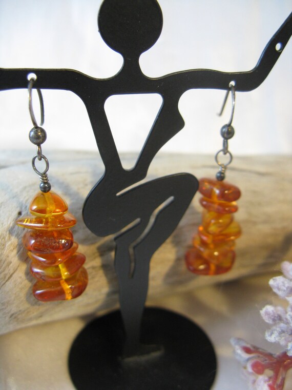 Vintage Stacked Amber Beads 925 Silver Dangle Pie… - image 2