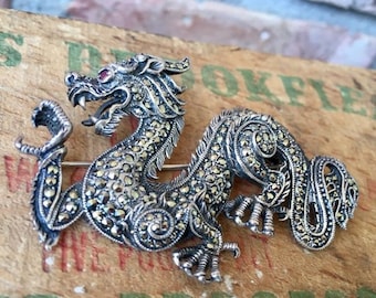 Vintage Big Marcasite & Sterling Dragon Brooch, Ruby Eye, 2 3/4", Statement Piece