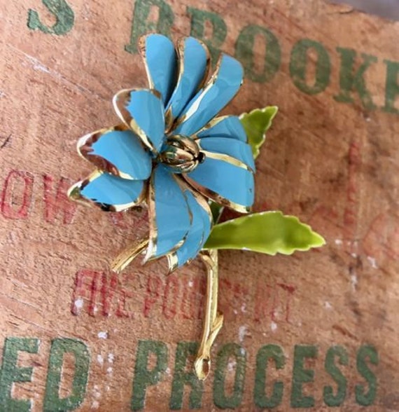 Vintage Blue & Green Enamel Flower Brooch, 1960s - image 2