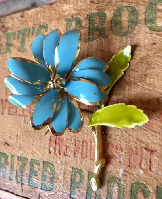 Vintage Blue & Green Enamel Flower Brooch, 1960s - image 3
