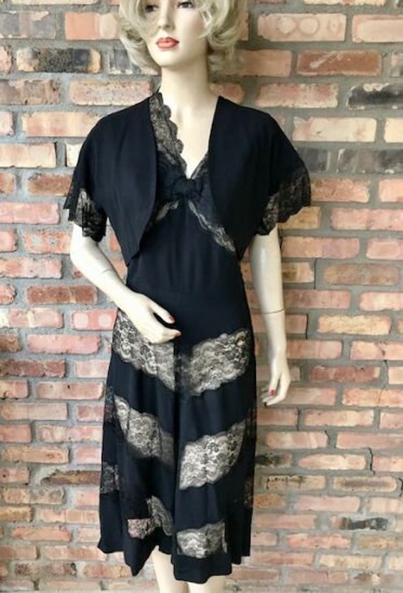 Vintage 1950s Black Lace Evening Dress with Bolero