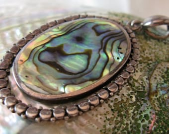 Vintage Sterling 925 Silver Abalone Shell Oval Pendant with Openwork Border
