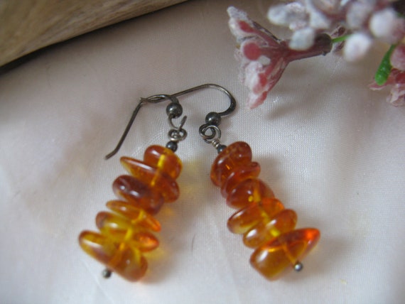 Vintage Stacked Amber Beads 925 Silver Dangle Pie… - image 1