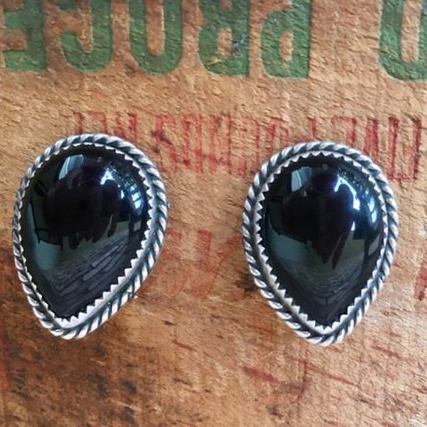 Vintage 1940s  50s Onyx & Sterling Silver Earrings, Teardrop, Clip Style