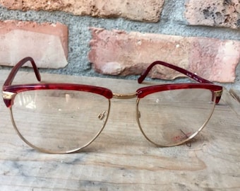 Vintage 1980s 90s Browline Eyeglasses Frames, NOS, Demo Lens, Brown & Gold