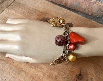 Vintage 1960s Chunky Charm Bracelet, Fall Leaves, Plastic Resin Beads, 7"