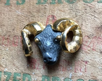 Vintage Razza Aries Rams Head Pendant, Black and Gold, Zodiac Jewelry