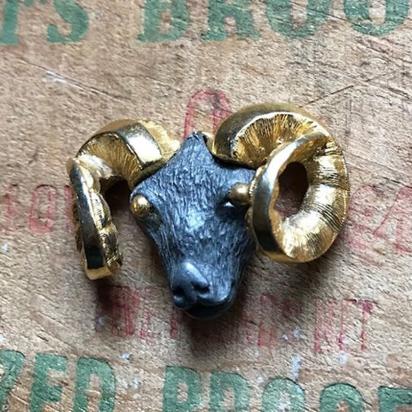 Vintage Razza Aries Rams Head Pendant, Black and Gold, Zodiac Jewelry