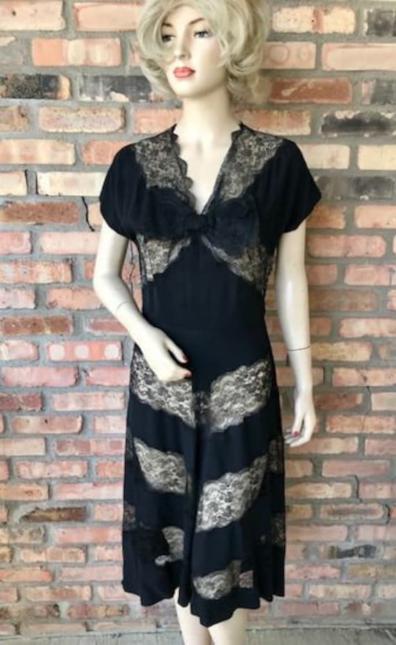 Vintage 1950s Black Lace Evening Dress with Bolero Jacket, Small, Party Dress, 29" Waist Vintage 1950s Black Lace Evening Dress with Bolero Jacket, Small, Party Dress, 29" Waist