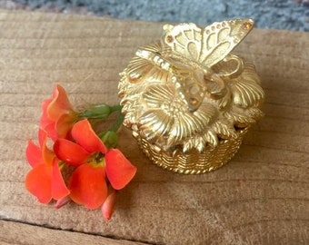 Vintage Viviane Woodard "Petite Papillon" Solid Perfume Compact, Goldtone Butterfly, Rhinestones, 1968