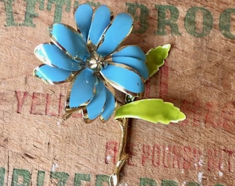 Vintage Blue & Green Enamel Flower Brooch, 1960s