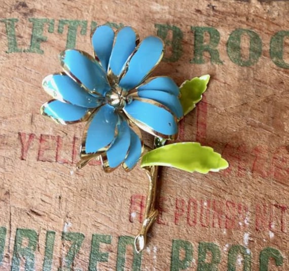 Vintage Blue & Green Enamel Flower Brooch, 1960s - image 1
