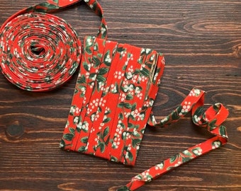 Bias Tape 1/2" double fold BY THE YARD - Cotton + Steel - Rifle Paper Co Holiday Classics - Mistletoe - Red Metallic Fabric - 100% Cotton