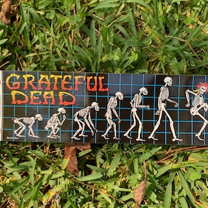 Puede incluir: Una pegatina rectangular con las palabras "Grateful Dead" en naranja y amarillo. La pegatina muestra un fondo negro con un patrón de cuadrícula azul y una serie de figuras de esqueleto blanco en varias etapas de evolución.