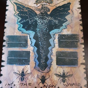May include: A vintage-style poster with a dark blue and black bird-like creature with wings spread wide. The creature is surrounded by a light blue and white background. The text "WE RIDE THE BIRD SHADOW INTO THE NEW WORLD" is written in black and white. The poster is dated 1999.