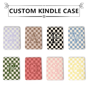 May include: Eight different custom Kindle cases with checkered patterns in various colours. Each case features a personalised initial in a white outline. The initials are: J, A, E, V, P, O, S, and G.