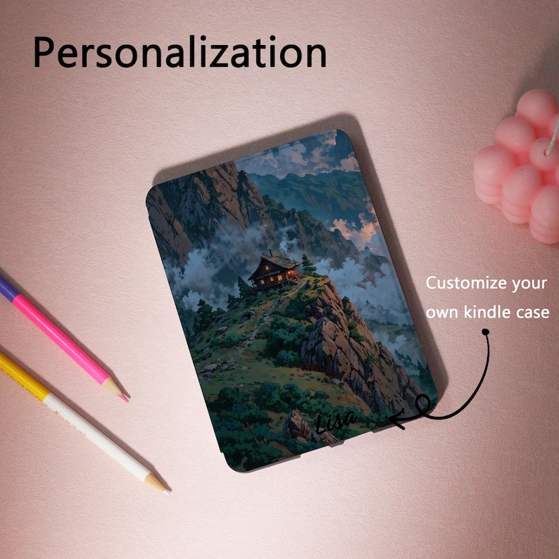 May include: A Kindle case featuring a mountain landscape with a cabin. The case has a scenic design with a cabin on a mountain peak, surrounded by trees and clouds. The text "Personalization" and "Customize your own kindle case" are also visible.