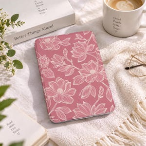 Custom Name Dusty Rose Floral Lines Kindle Ereader Cover, Paperwhite 11th 6.8", Colorsoft 7" with Hand Strap, Birthday Gifts for Book Lovers