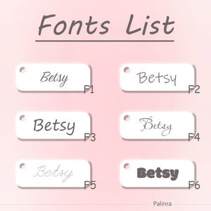 May include: A pink graphic with the text "Fonts List" at the top. Below are six white rectangular tags, each displaying the name "Betsy" in a different font style. The tags are labeled F1 through F6. The word "Palinra" is at the bottom.