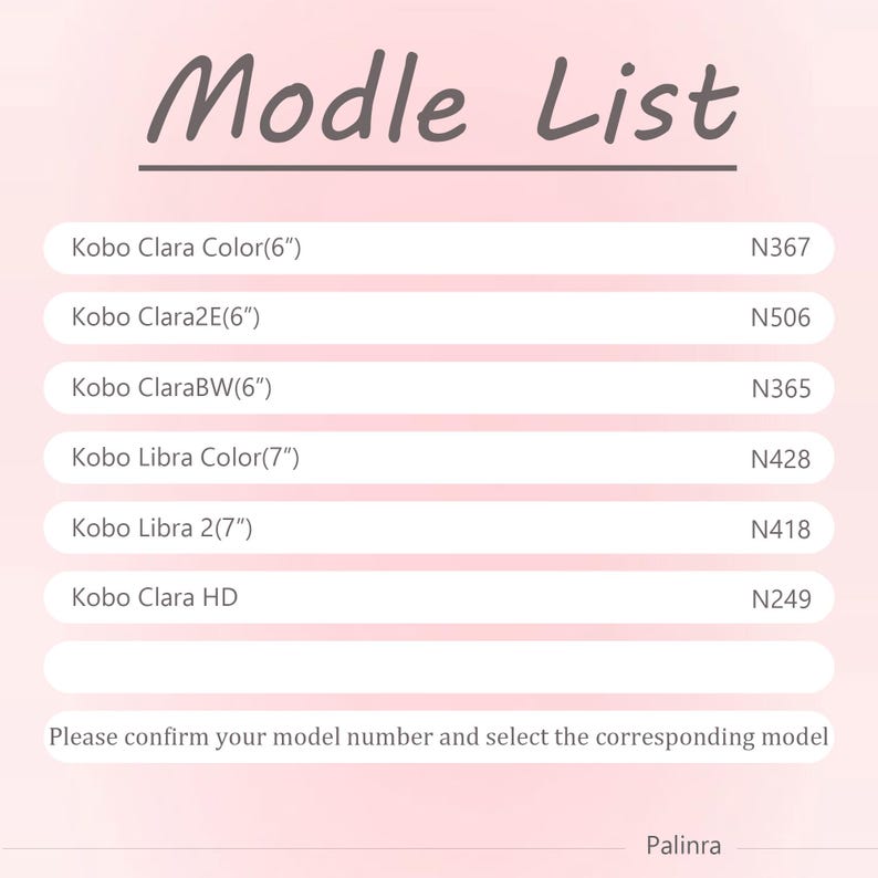 Peut inclure: Une liste de mod&egrave;les de liseuses Kobo, dont Clara Color (6"), Clara2E (6"), ClaraBW (6"), Libra Color (7"), Libra 2 (7"), et Clara HD. Le texte "Modle List" est en haut, avec une demande de confirmation du num&eacute;ro de mod&egrave;le.