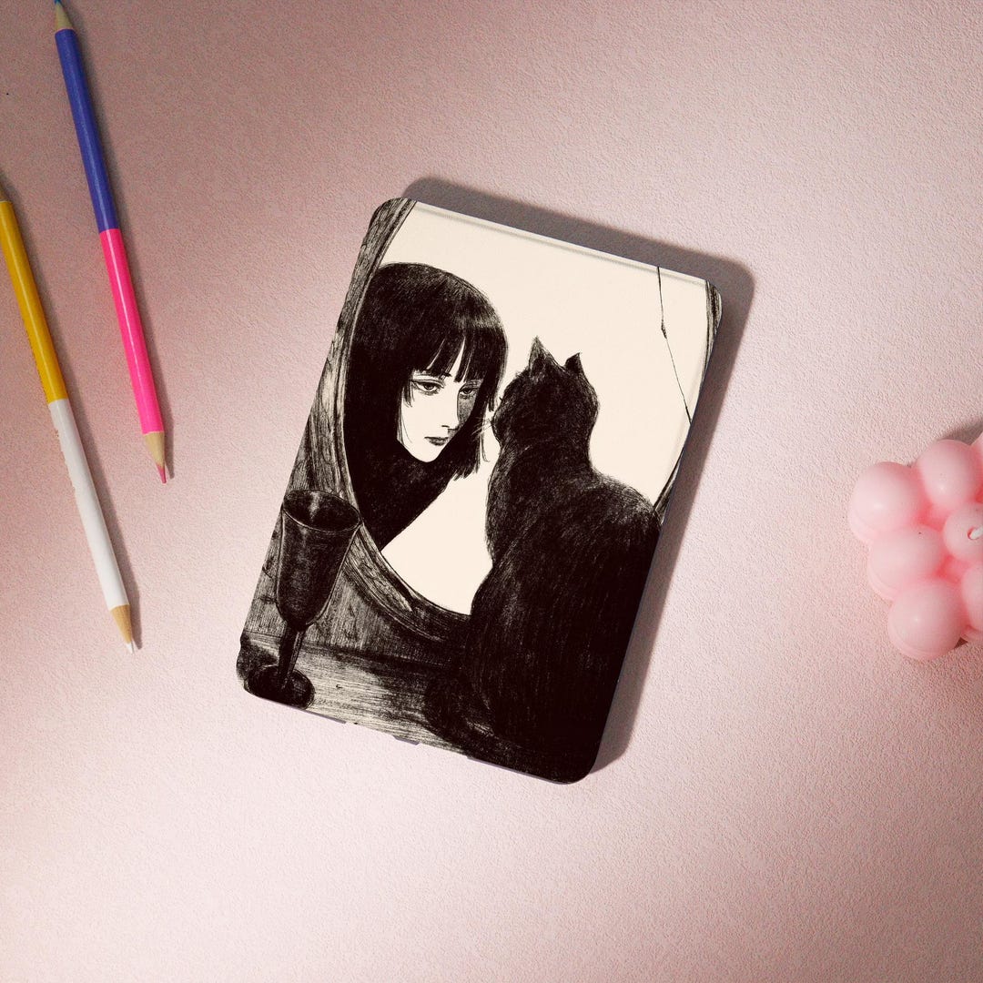 Sketch of Girl and Cat Kindle Case With Hand Strap,2024 Kindle ...