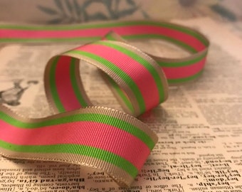 Vintage Acetate Grosgrain Ribbon, 2 yards, 1" hot pink, lime green, beige stripe - for preppy belts, headbands, bows, straps, rosettes