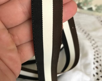 Vintage Acetate Grosgrain Ribbon, 2 yards, 1" black, white brown stripe - for preppy belts, headbands, bows, straps, rosettes