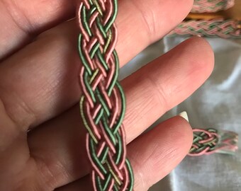 Pretty vintage plaited silk look braid gimp pink and green 5/16” embroidery border 2 yards