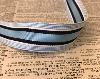 Vintage Acetate Grosgrain Ribbon, 4 yards, 1" blue black white stripe - for preppy Ralph Lauren style belts, bows, headbands